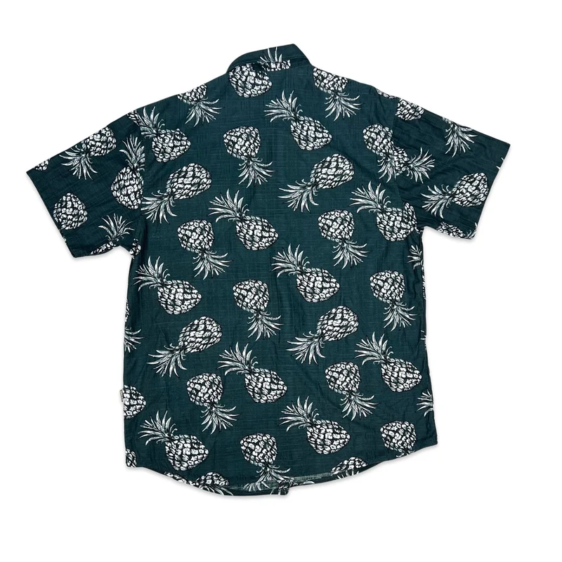 Vintage Dark Teal Pineapple Print Short Sleeve Shirt XXL