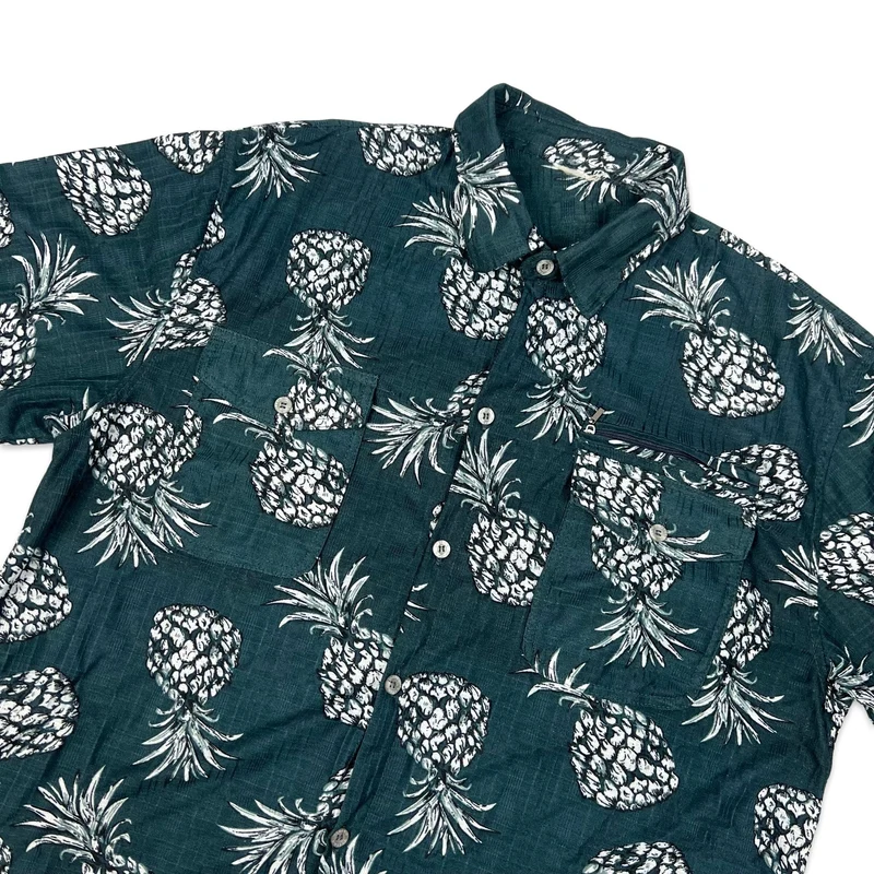 Vintage Dark Teal Pineapple Print Short Sleeve Shirt XXL