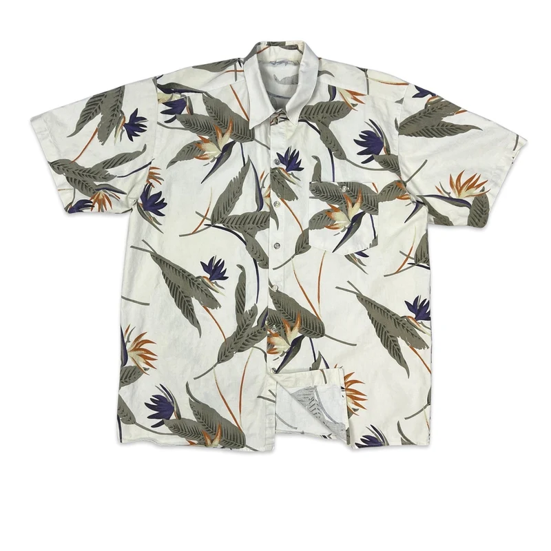 Vintage Botanical Print White Green & Orange Hawaiian Style Shirt XL
