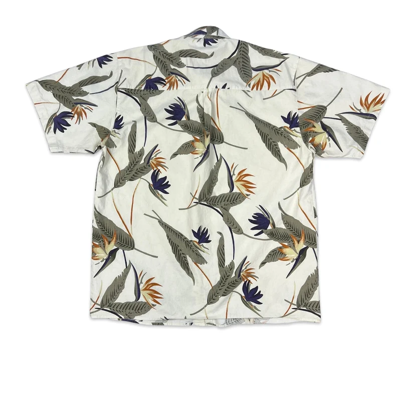 Vintage Botanical Print White Green & Orange Hawaiian Style Shirt XL