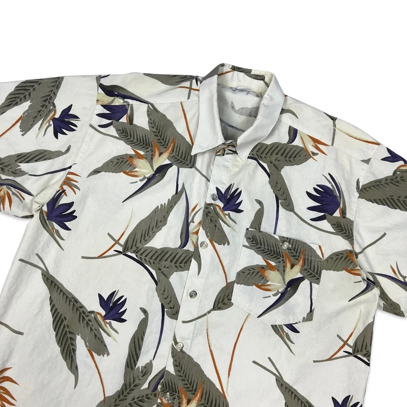 Vintage Botanical Print White Green & Orange Hawaiian Style Shirt XL
