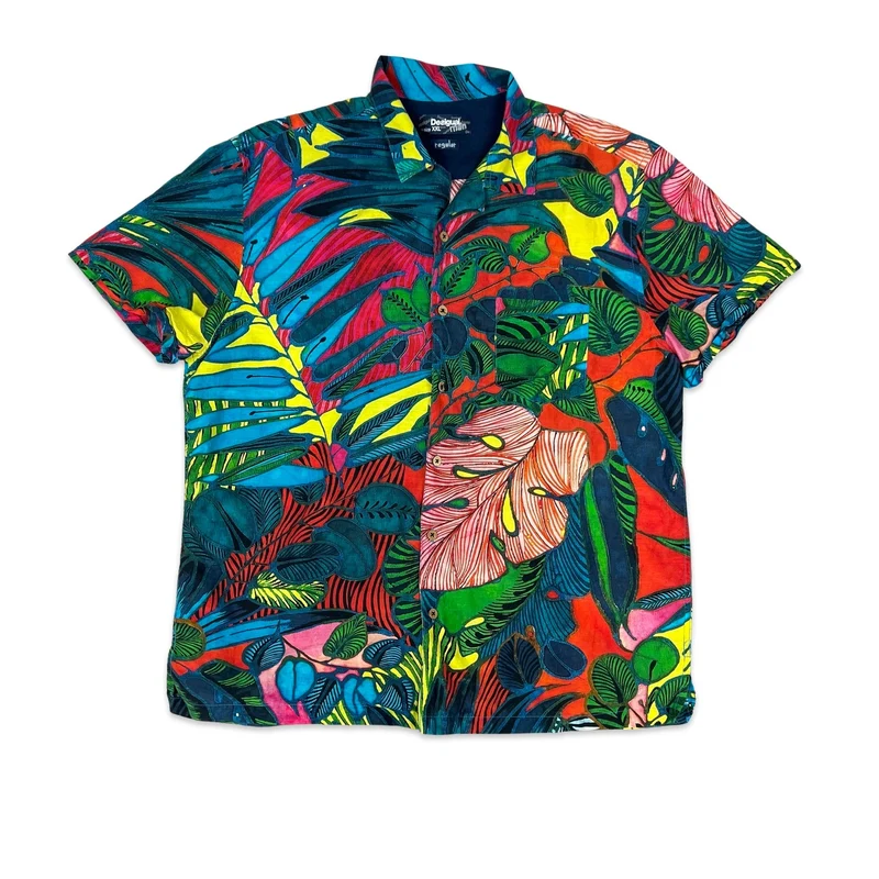 Desigual Multicolour Botanical Print Hawaiian Short Sleeve Shirt L