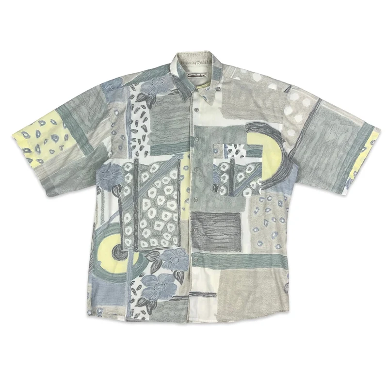 Vintage 80s Grey & Blue Abstract Print Short Sleeve Shirt L