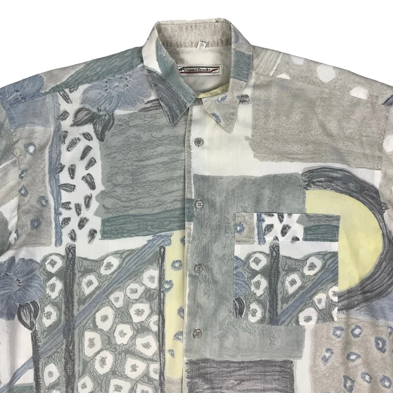 Vintage 80s Grey & Blue Abstract Print Short Sleeve Shirt L