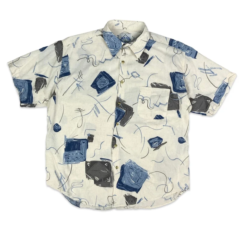 80s White Blue & Grey Abstract Viscose & Linen Short Sleeve Shirt L