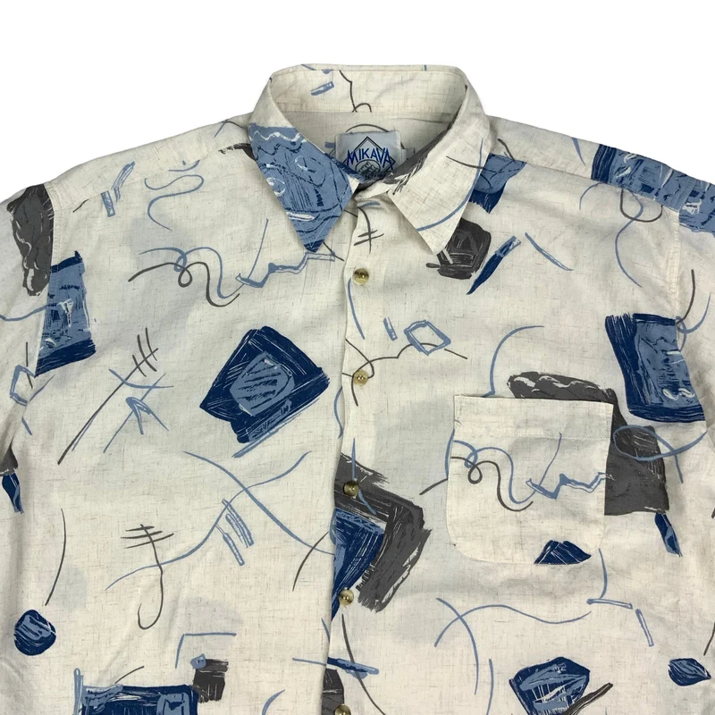 80s White Blue & Grey Abstract Viscose & Linen Short Sleeve Shirt L