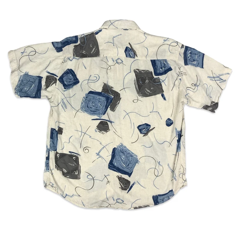 80s White Blue & Grey Abstract Viscose & Linen Short Sleeve Shirt L