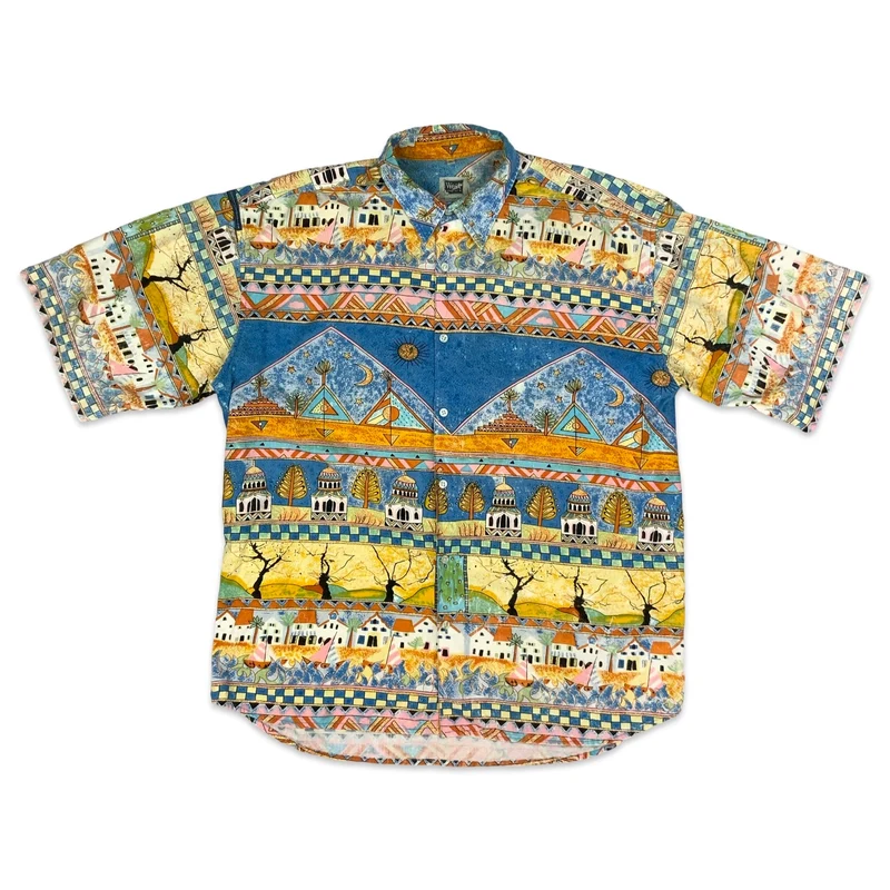 Vintage 80s West Fashion Abstract Print Cotton Short Sleeve Shirt XL