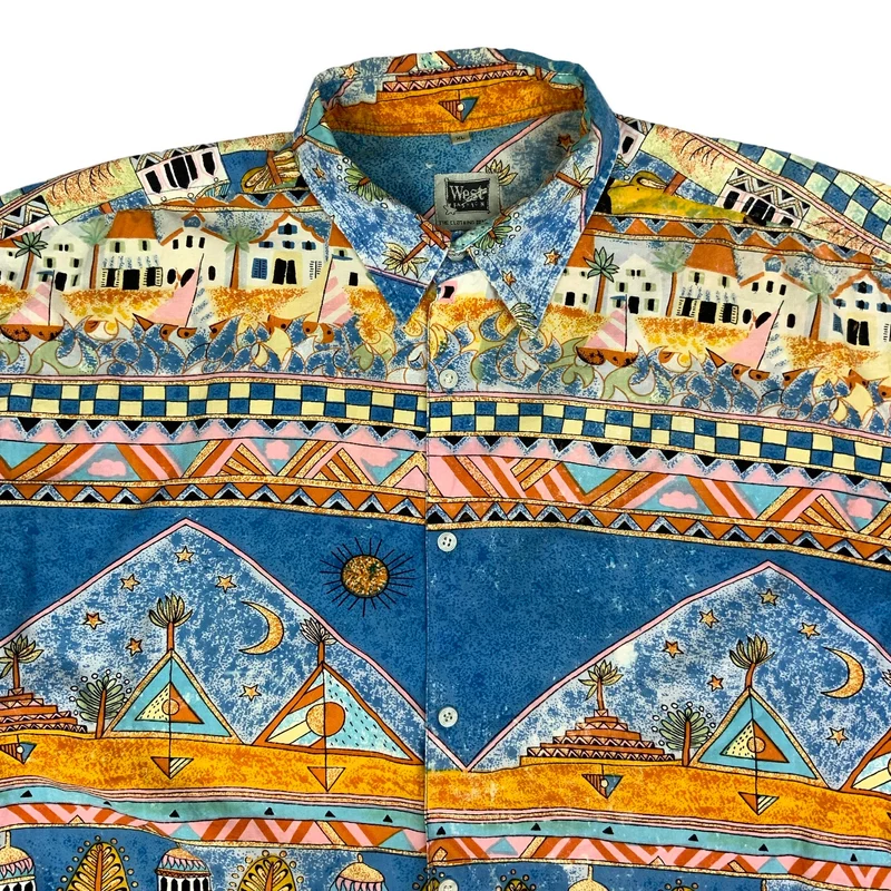 Vintage 80s West Fashion Abstract Print Cotton Short Sleeve Shirt XL
