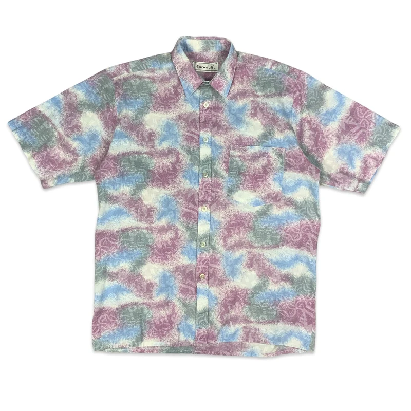 Vintage Italian Baby Blue Pink & Grey Abstract Pattern Shirt M