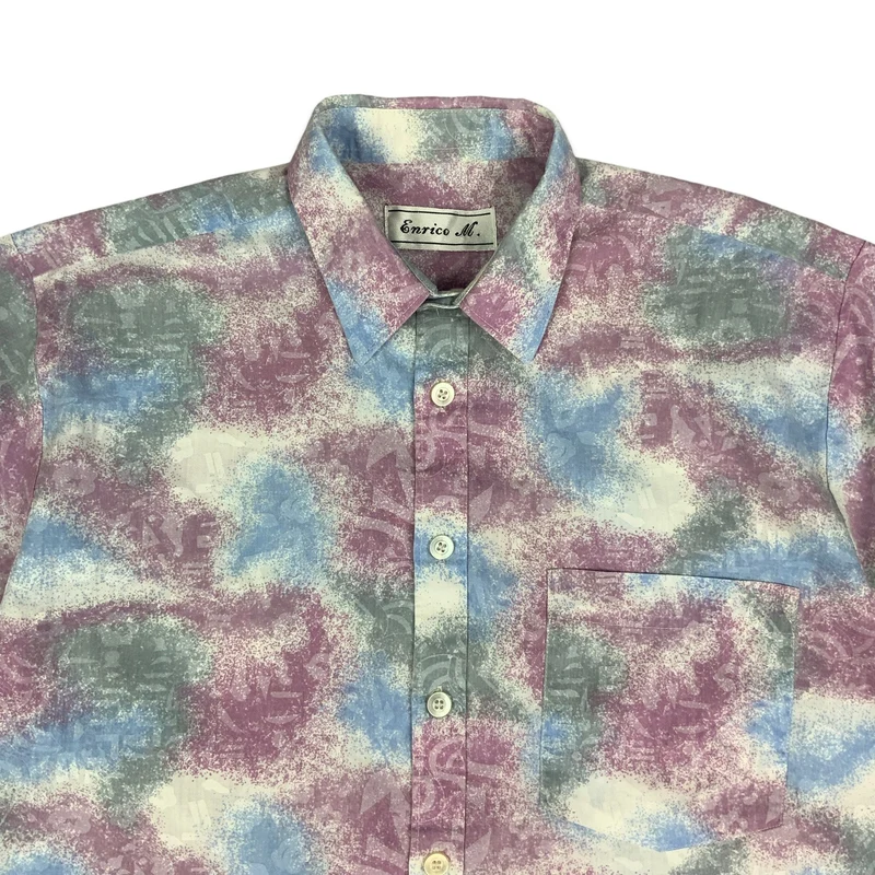 Vintage Italian Baby Blue Pink & Grey Abstract Pattern Shirt M