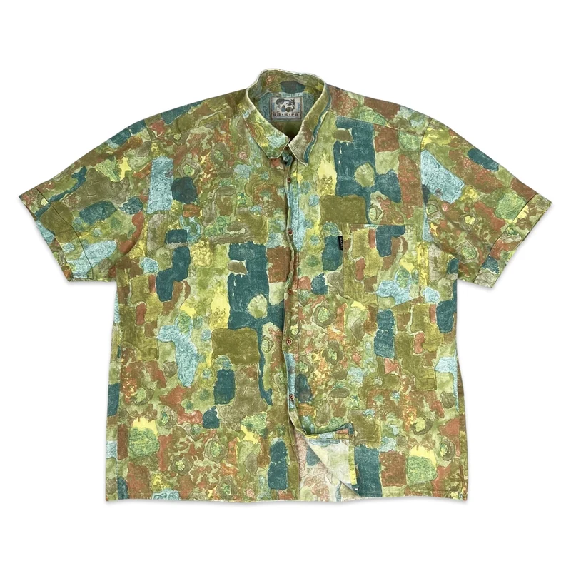 Vintage 80s Green Teal & Brown Abstract Crazy Pattern Print Shirt L