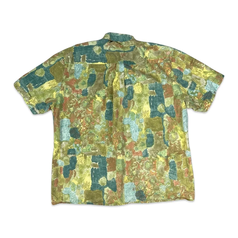 Vintage 80s Green Teal & Brown Abstract Crazy Pattern Print Shirt L
