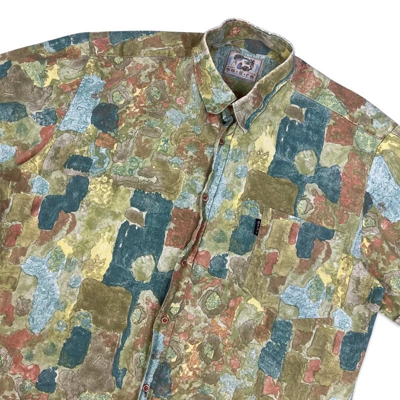 Vintage 80s Green Teal & Brown Abstract Crazy Pattern Print Shirt L