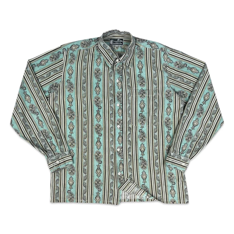 Vintage 70s/80s Blue & Yellow Abstract Stripe Pattern Shirt M