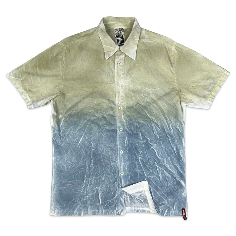 Vintage Y2K Mogul Blue and Green Gradient Print Short Sleeve Shirt M