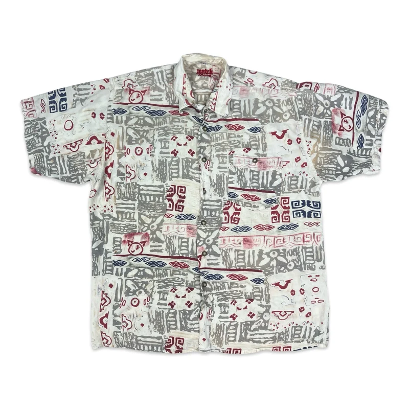 Vintage White Red & Grey Abstract Print Short Sleeve Shirt L