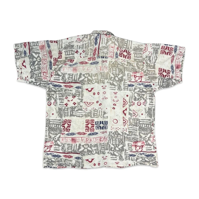 Vintage White Red & Grey Abstract Print Short Sleeve Shirt L