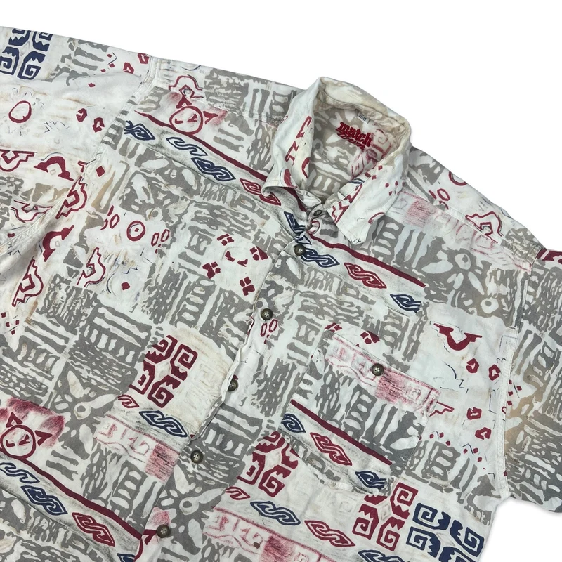 Vintage White Red & Grey Abstract Print Short Sleeve Shirt L