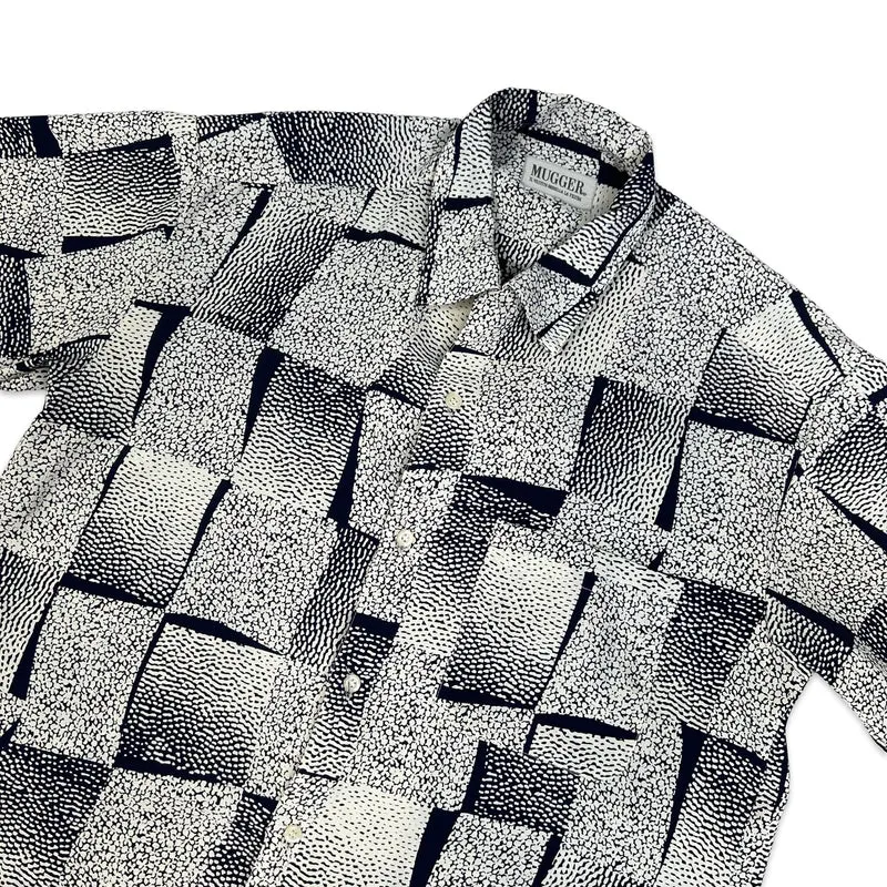 Vintage Navy & White Abstract Print Short Sleeve Shirt S M