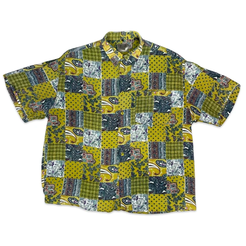 Vintage 90s Yellow Abstract Paisley Squares Print Shirt L