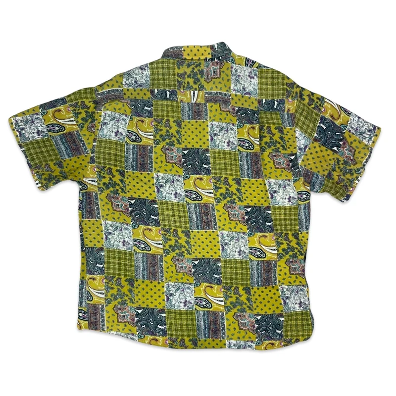Vintage 90s Yellow Abstract Paisley Squares Print Shirt L