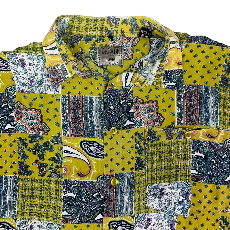 Vintage 90s Yellow Abstract Paisley Squares Print Shirt L