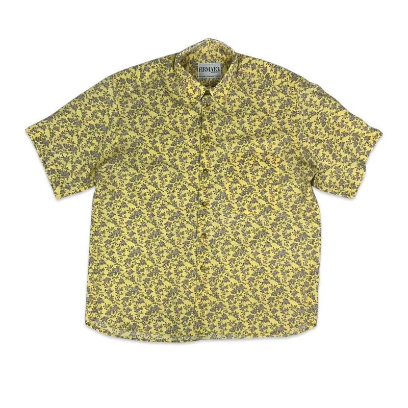 Vintage Italian Yellow & Purple Floral Short Sleeve Cotton Shirt L