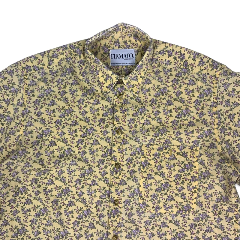 Vintage Italian Yellow & Purple Floral Short Sleeve Cotton Shirt L