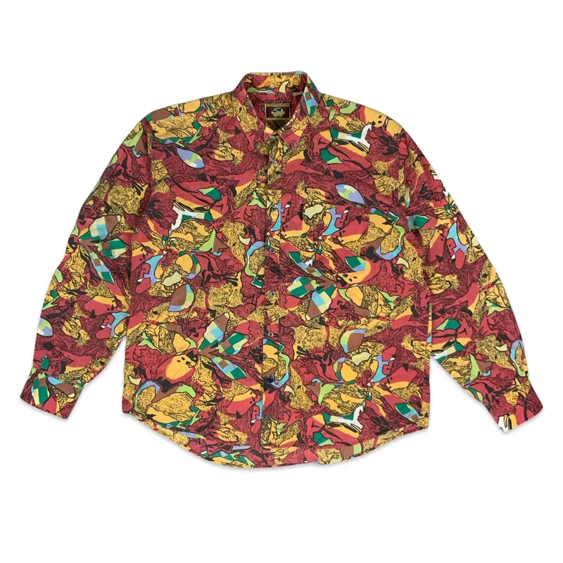 80s Multicoloured Abstract Print Cotton Long Sleeve Shirt XL