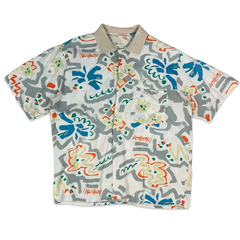 80s Abstract Print Moustache Summer Short Sleeve Shirt XL