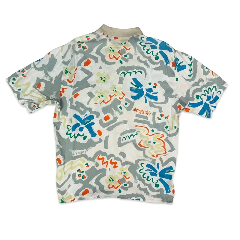 80s Abstract Print Moustache Summer Short Sleeve Shirt XL