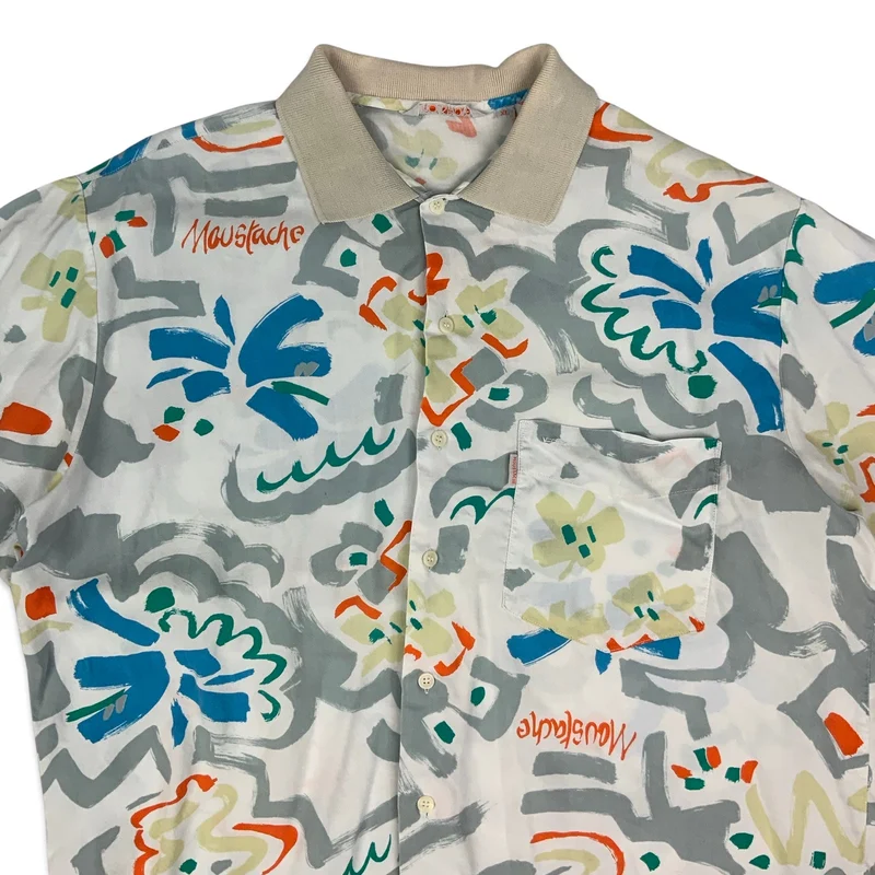 80s Abstract Print Moustache Summer Short Sleeve Shirt XL
