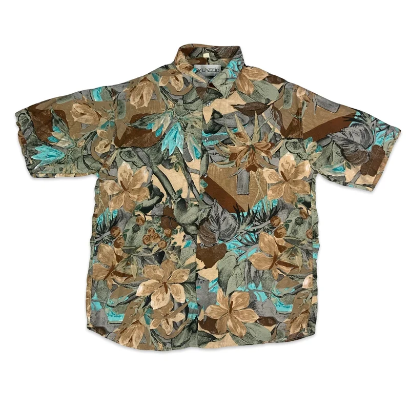 80s Brown & Blue Floral Crazy Pattern Short Sleeve Shirt XL