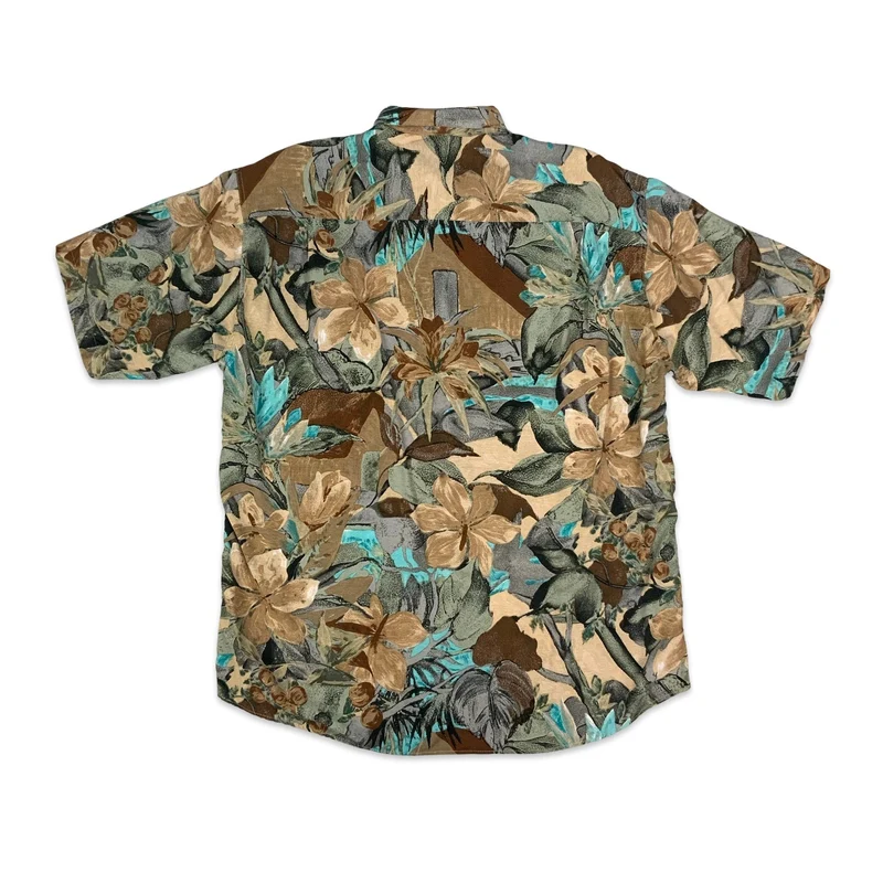 80s Brown & Blue Floral Crazy Pattern Short Sleeve Shirt XL
