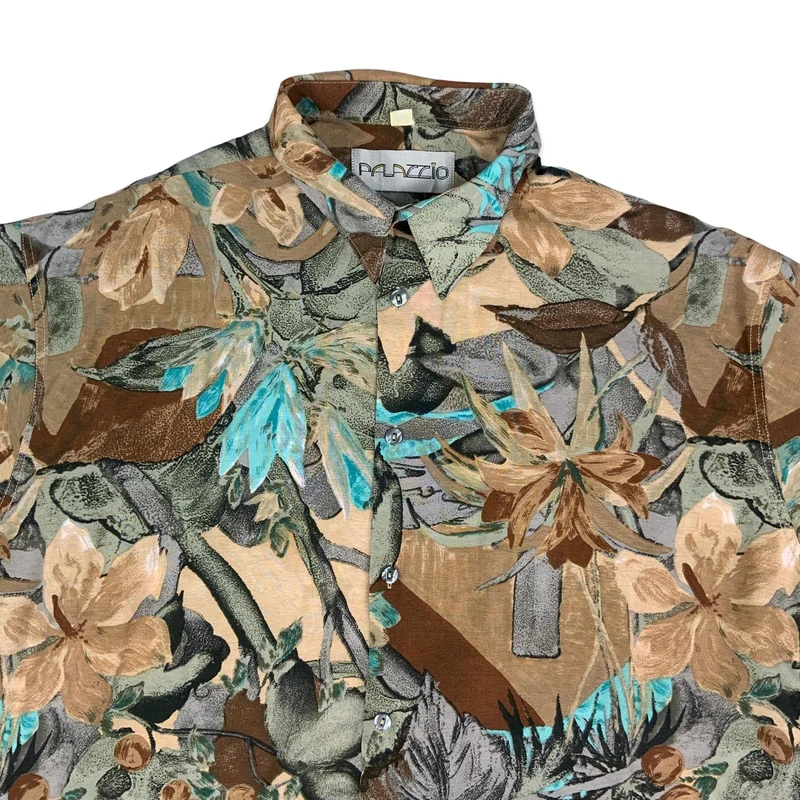 80s Brown & Blue Floral Crazy Pattern Short Sleeve Shirt XL