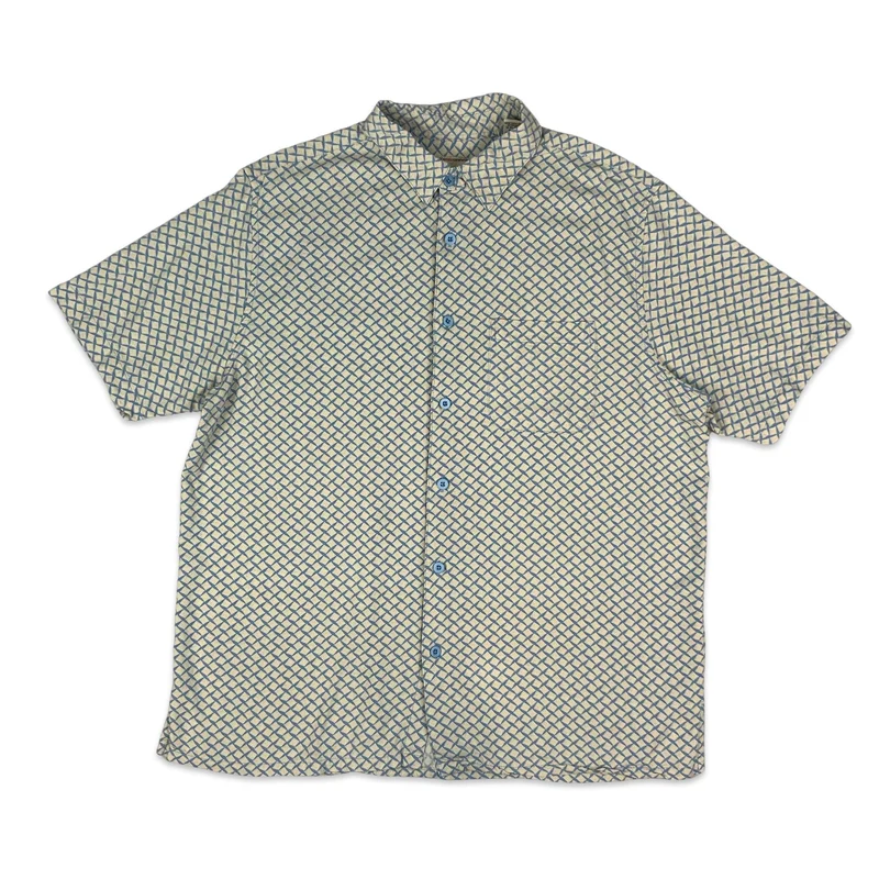 80s Blue & Beige Silk Short Sleeve Shirt XL