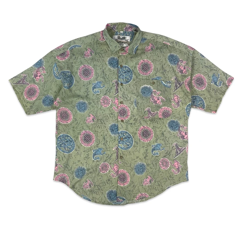 80s Green Baby Blue & Pink Nautical Print Cotton Short Sleeve Shirt L