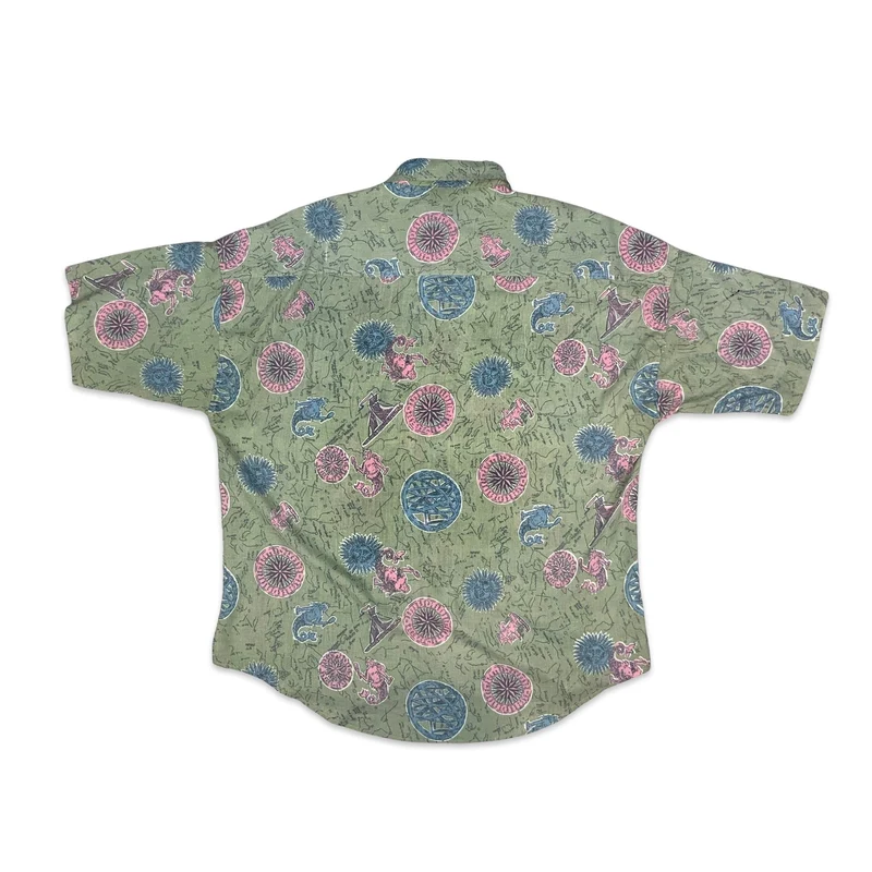 80s Green Baby Blue & Pink Nautical Print Cotton Short Sleeve Shirt L
