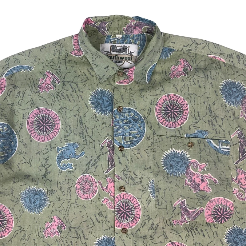 80s Green Baby Blue & Pink Nautical Print Cotton Short Sleeve Shirt L