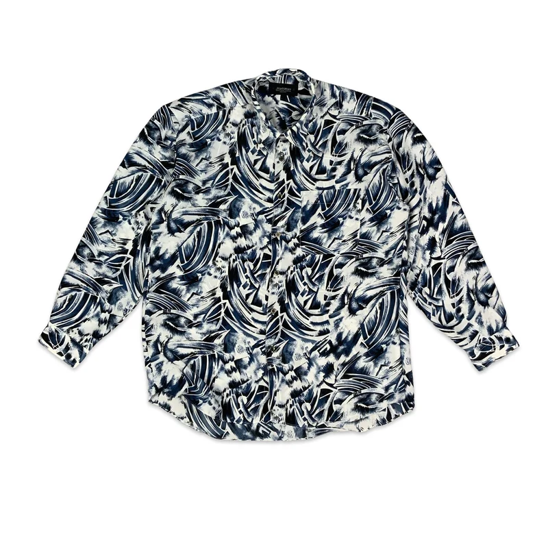 Vintage 90s Y2K White & Blue Abstract Print Shirt L