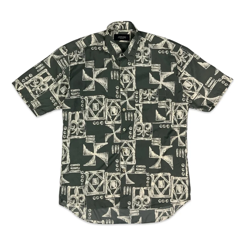 Vintage Grey & White Abstract Tiki Print Shirt Rockabilly M