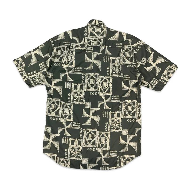 Vintage Grey & White Abstract Tiki Print Shirt Rockabilly M