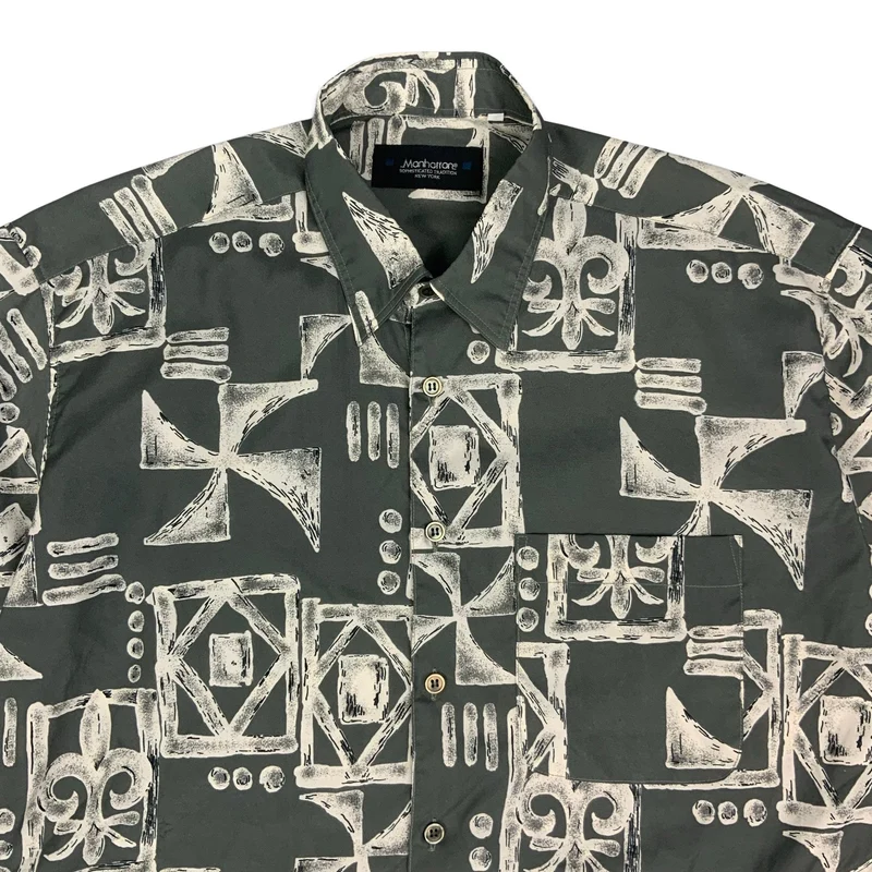 Vintage Grey & White Abstract Tiki Print Shirt Rockabilly M