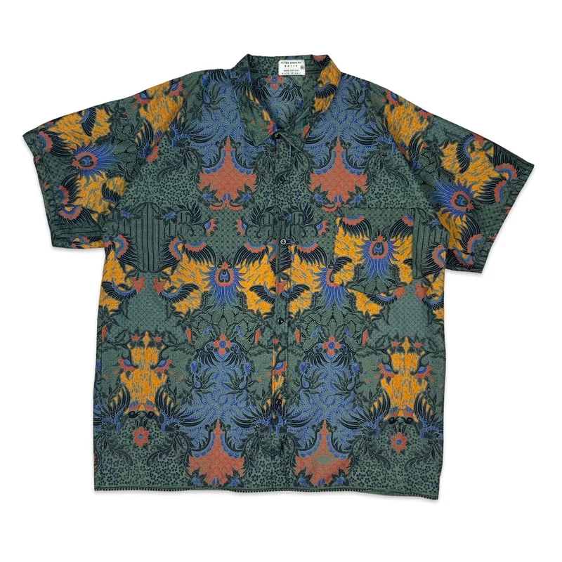 Vintage Black Blue & Orange Paisley Batik Cotton Short Sleeve Shirt L