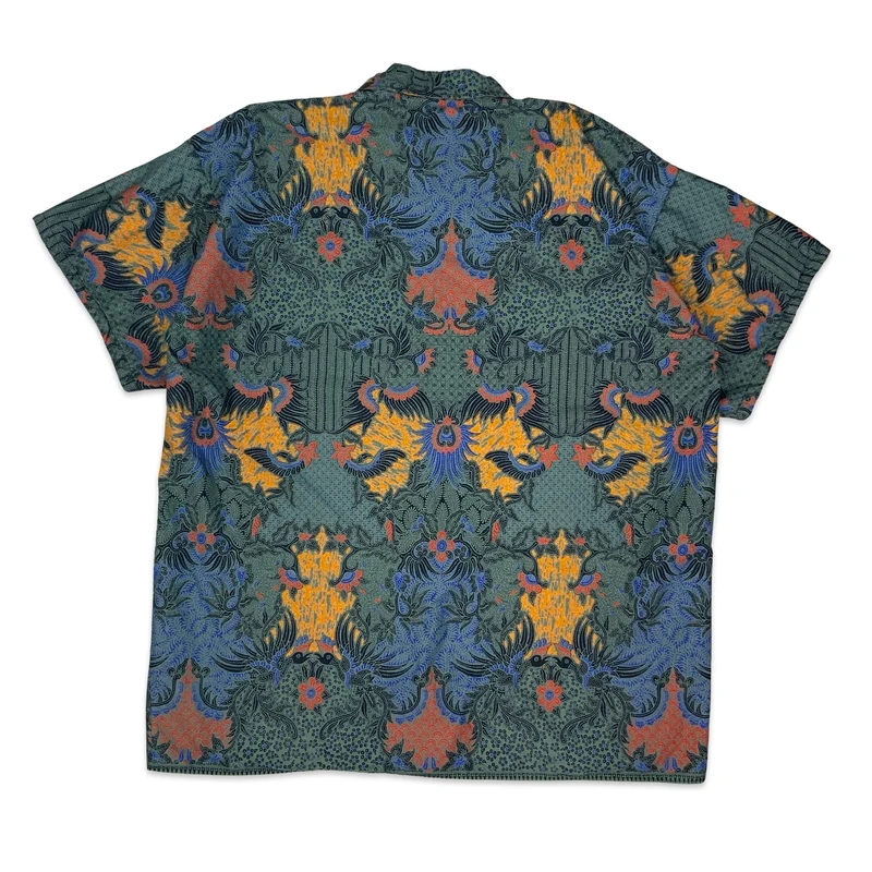 Vintage Black Blue & Orange Paisley Batik Cotton Short Sleeve Shirt L