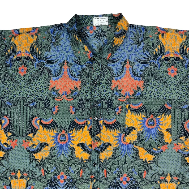Vintage Black Blue & Orange Paisley Batik Cotton Short Sleeve Shirt L