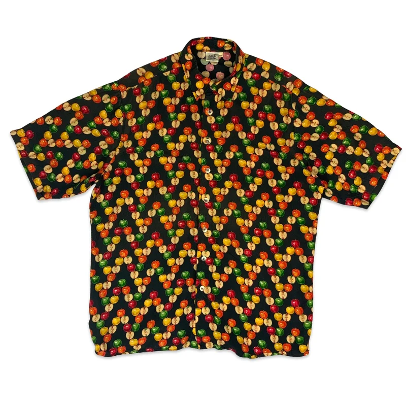 Vintage Black Red & Green Apple Print Shirt Autumnal Cider L