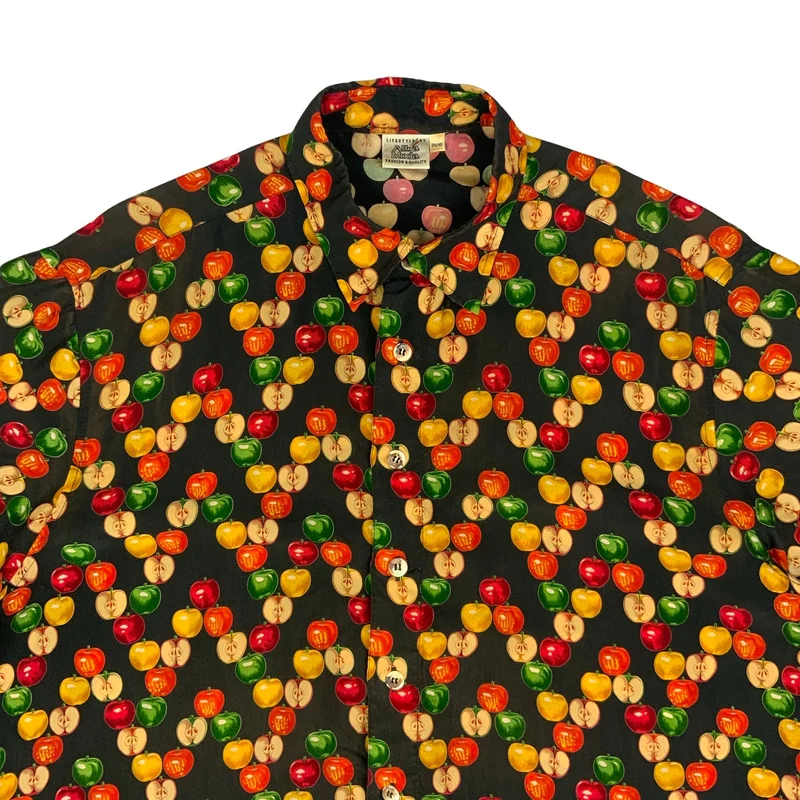 Vintage Black Red & Green Apple Print Shirt Autumnal Cider L