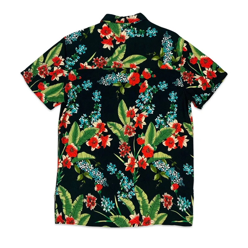 80s Black Floral Shirt M
